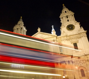 St Paul's with light trails from a double decker bus